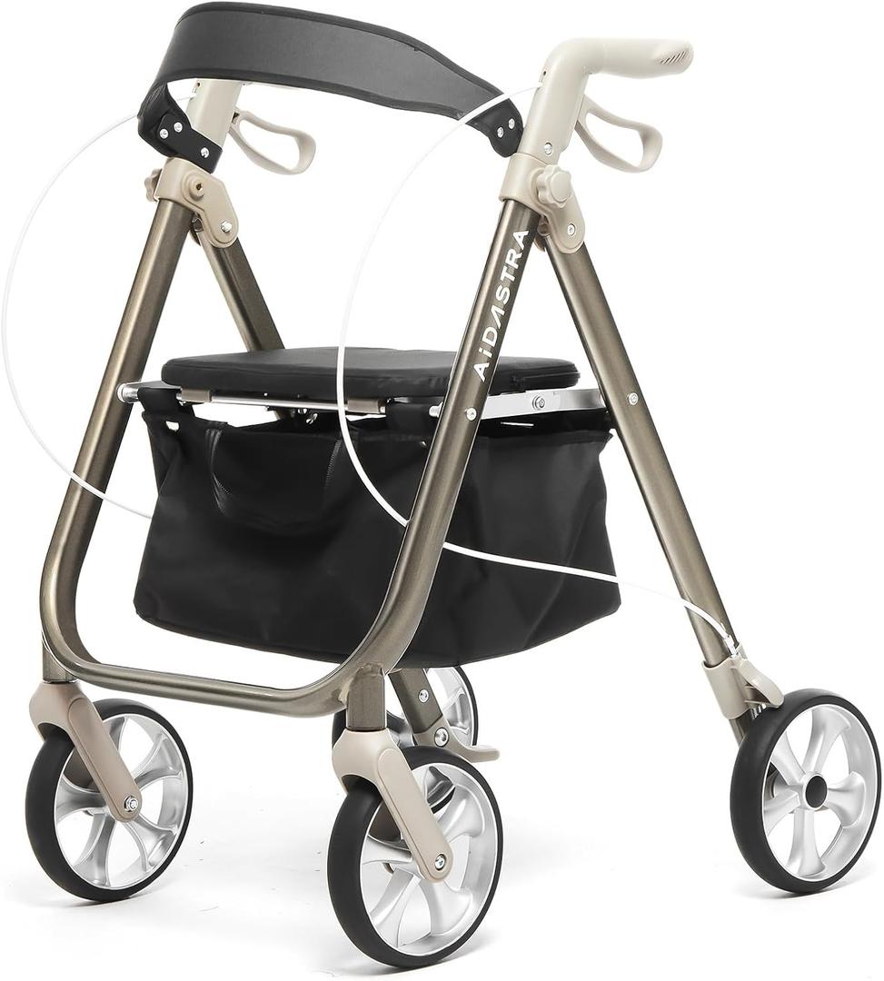 AIDASTRA Rollator Walkers for Seniors with 8'' Wheels, Seat and Brakes Folding Rolling Walker with Storage Bag, Lightweight Medical Adult Walkers, Height Adjustable, Support up to 330 lbs (Champagne)