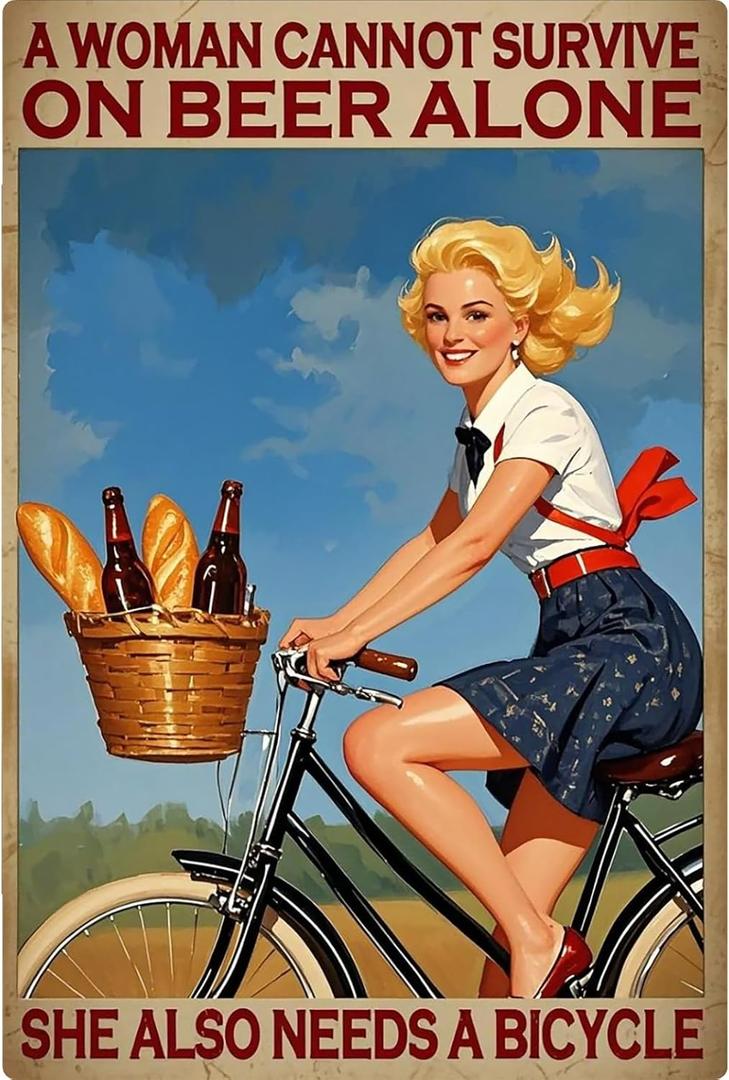 2 x Metal Tin Signs for Women Who Like To Drink And Bike Decorative Posters Wall Art Adorable Cheerful Plaque Sign Rustic Decor Indoor Outdoor Accent Farmhouse Home Cafes Office Store Pubs Club 8x12 inch