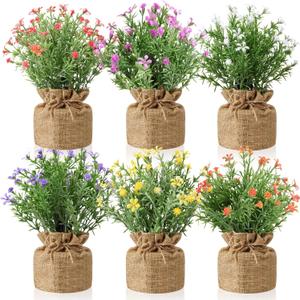 Yunlly 6 Pcs Artificial Flowers in Small Burlap Potted Faux Flowers Simulation False Plants Small Bonsai Creative Home Decoration Ornaments Kitchen Dining Room Fake Plants Indoor Outdoor