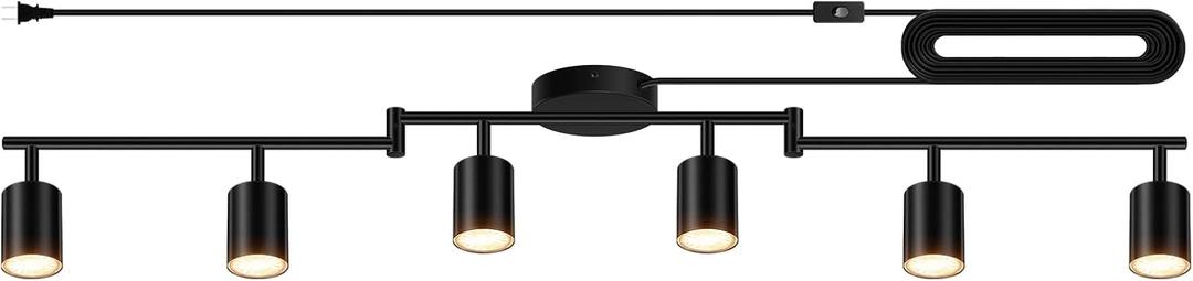 Plug in Track Lighting LED, Track Lighting Fixtures Ceiling, Black 6-Light Kitchen Light Kit, Plug in Wall Light with 14.8ft Power Cord, Rotatable Ceiling Spotlight for Bedroom(GU10 Socket, NO Bulb)