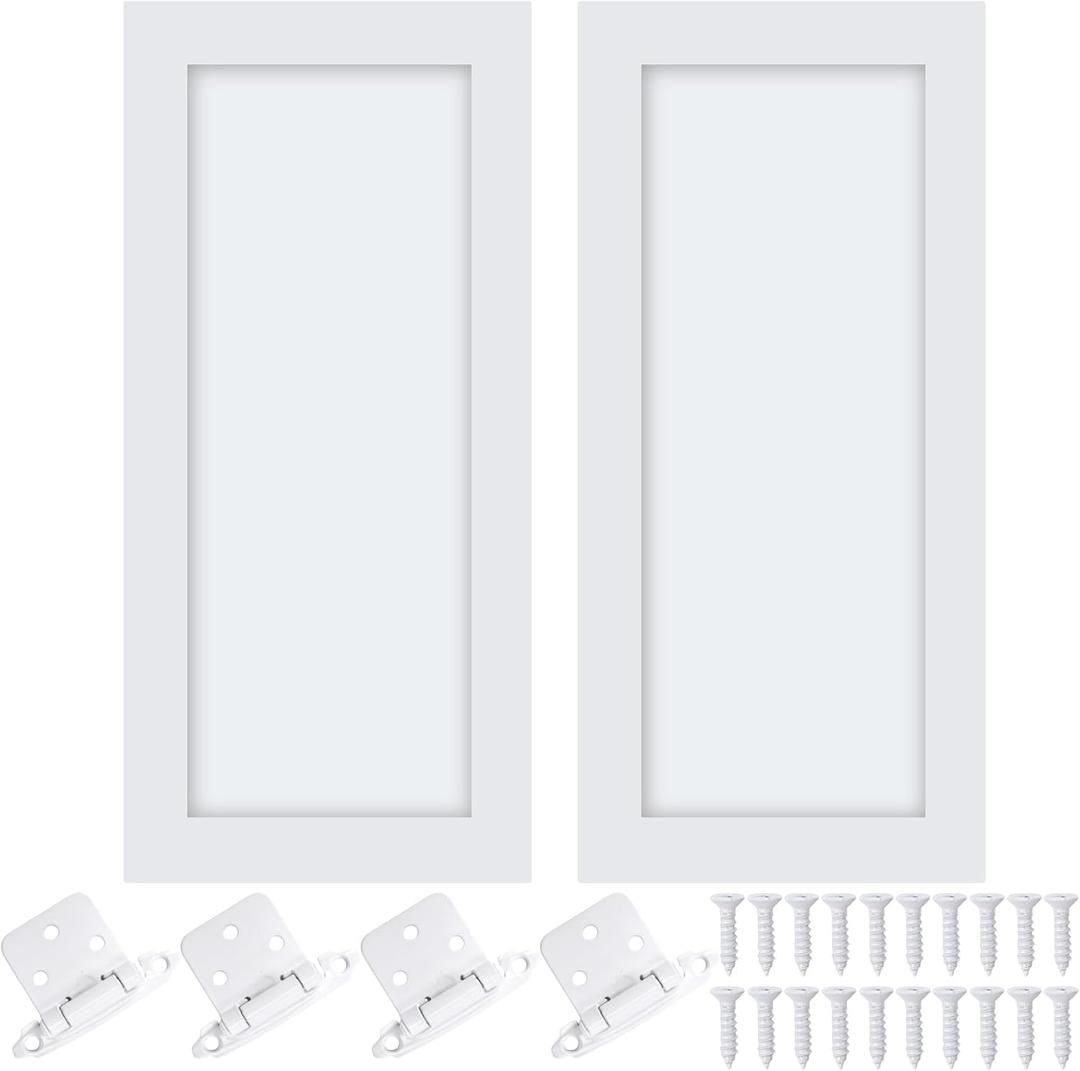 Cinnvoice 2 Pcs Pine Kitchen Cabinet Door Replacement with 4 Pcs Cabinet Hinges Wood Shaker Door Front Replacement for Kitchen, Bathroom, Vanity(White,13.25" W X 29" H)