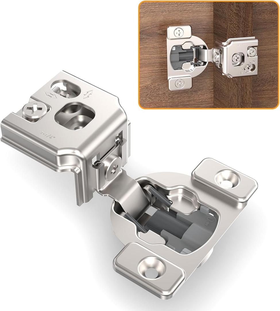 Chibery 4 Pack 1-1/4" 4D Concealed Hinges for Face Frame Door, Soft Close On/Off Switch, Self Closing, 105 Open Angle Concealed Stainless Steel Hinges for Framed Cabinet, Satin Nickel