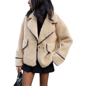 chouyatou Women's Winter Casual Embroidered Sherpa Jacket Notch Lapel Fuzzy Faux Fur Fleece Jacket Coat (Large, Apricot)