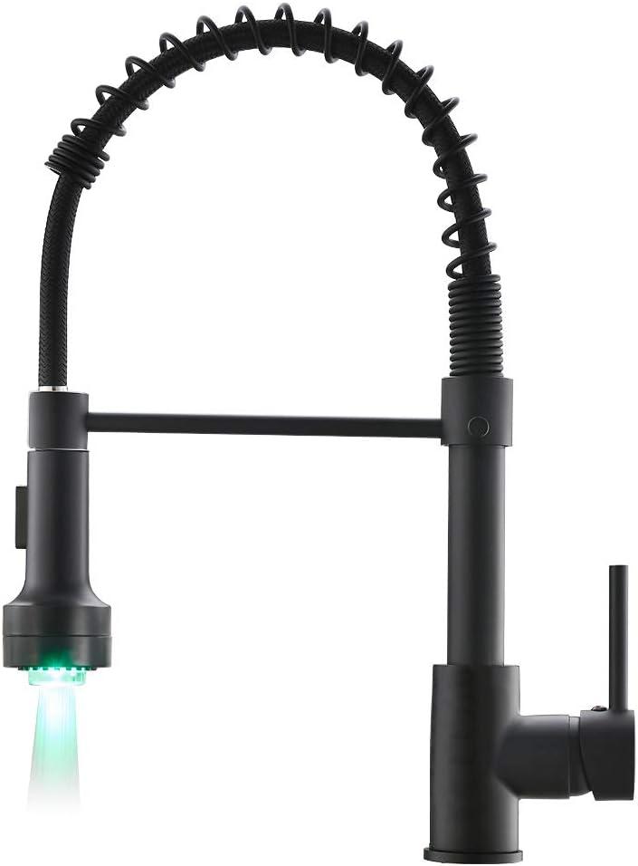 AIMADI Kitchen Faucet with Sprayer, Modern Single Handle Pull Down Sprayer Spring Matte Black Kitchen Sink Faucet with LED Light