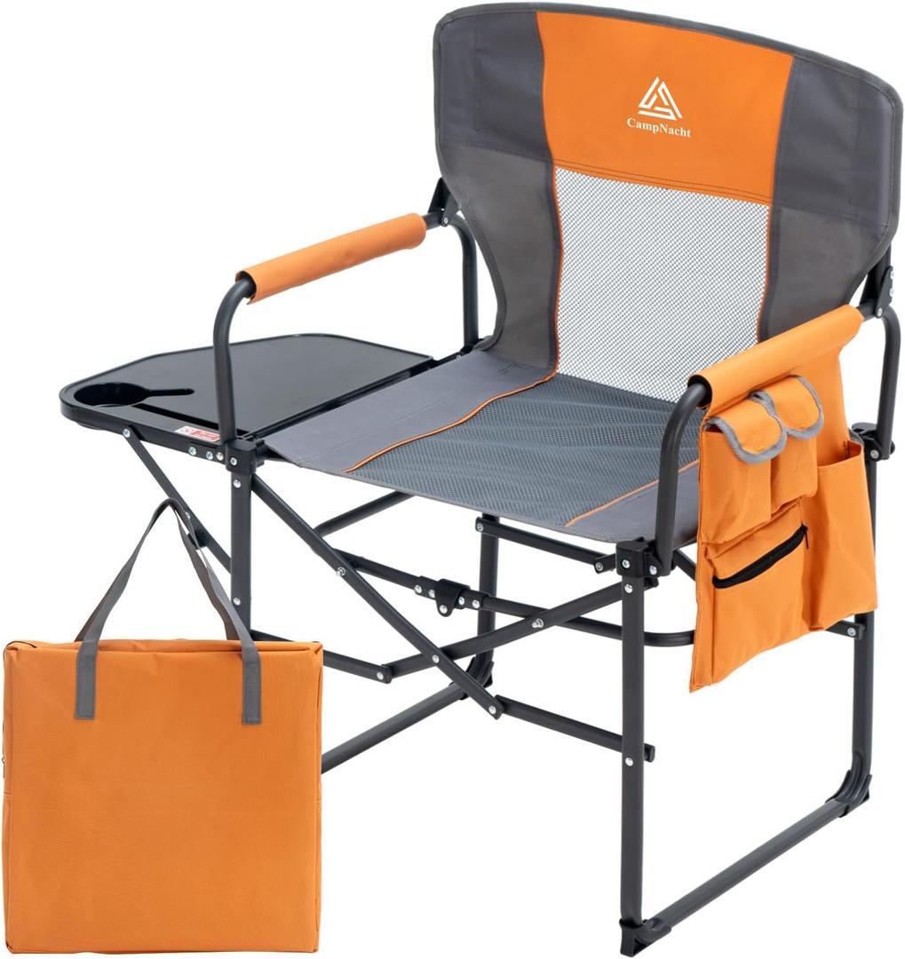 Wide Folding Director Chair with Table, Outdoor Camping Chair for Adults with Cup Holder Load 330 Lbs, Portable Lightweight Chair for Outside with Carry Bag for Patio, Orange-1Pack