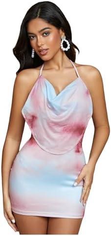 RoseSeek Women's Tie Dye Backless Halter Dresses Draped Neck Mini Bodycon Dress Night Out Outfits S