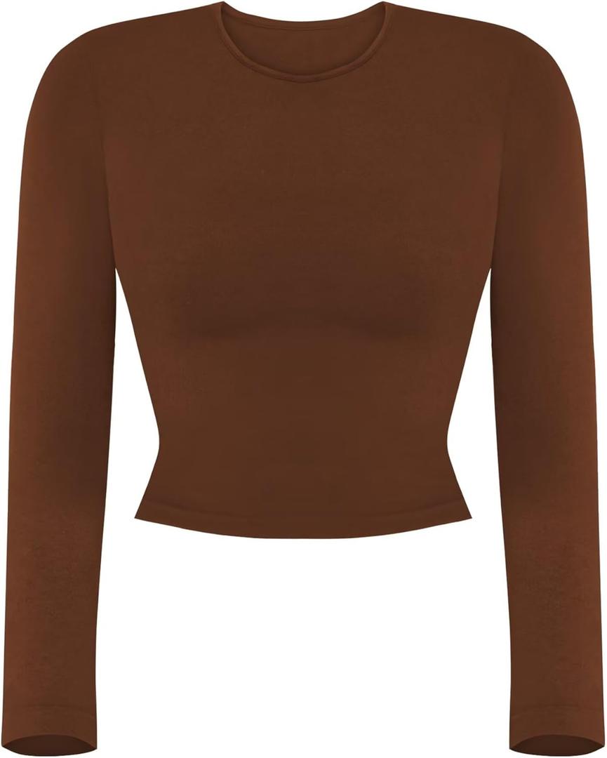 Sunzel Tight Long Sleeve Shirts for Women Slim Fit Tshirts Crew Neck Basic Tees Trendy Fitted Workout Going Out Tops (Brown, XS)
