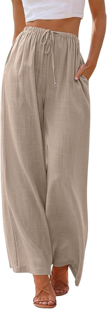 LILLUSORY Women's Linen Summer Palazzo Pants Flowy Wide Leg Beach Pants with Pockets, Large