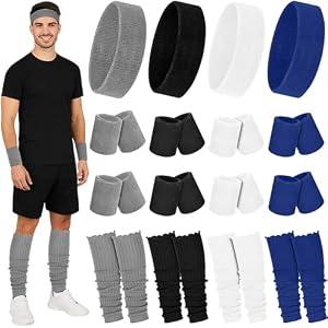 Hillban 4 Set 80s Leg Warmers for Women Men 80s 90s Accessories Neon Headband Wristband Workout Outfit for Sport Yoga Party(Dark Color)