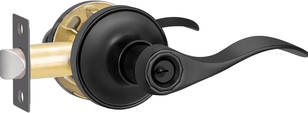 1 Pack Entrance Door Handle, Matte Black Reversible Door Lever Perfect for Interior Door and Closet, Traditional Wave Style Keyed Entry Door Lock - Keyed Alike