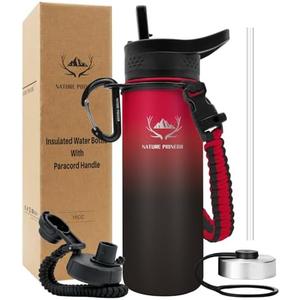 NATURE PIONEOR Insulated Water Bottles with Paracord Handle - 18 oz Vacuum Sports Wide Mouth Water Bottle with 3 Lids, Leak Proof Stainless Steel Keeps Hot and Cold