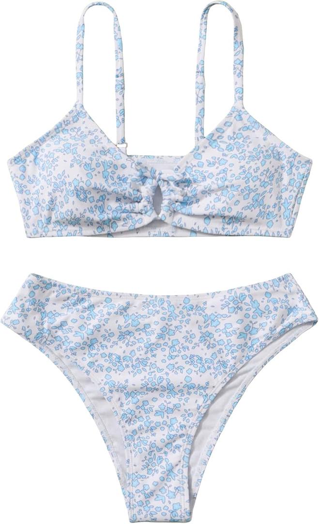 OYOANGLE Girl's 2 Piece Ditsy Floral Bikini Swimsuit Ring Linked Ruched Bathing Suit Blue, 8-9Y