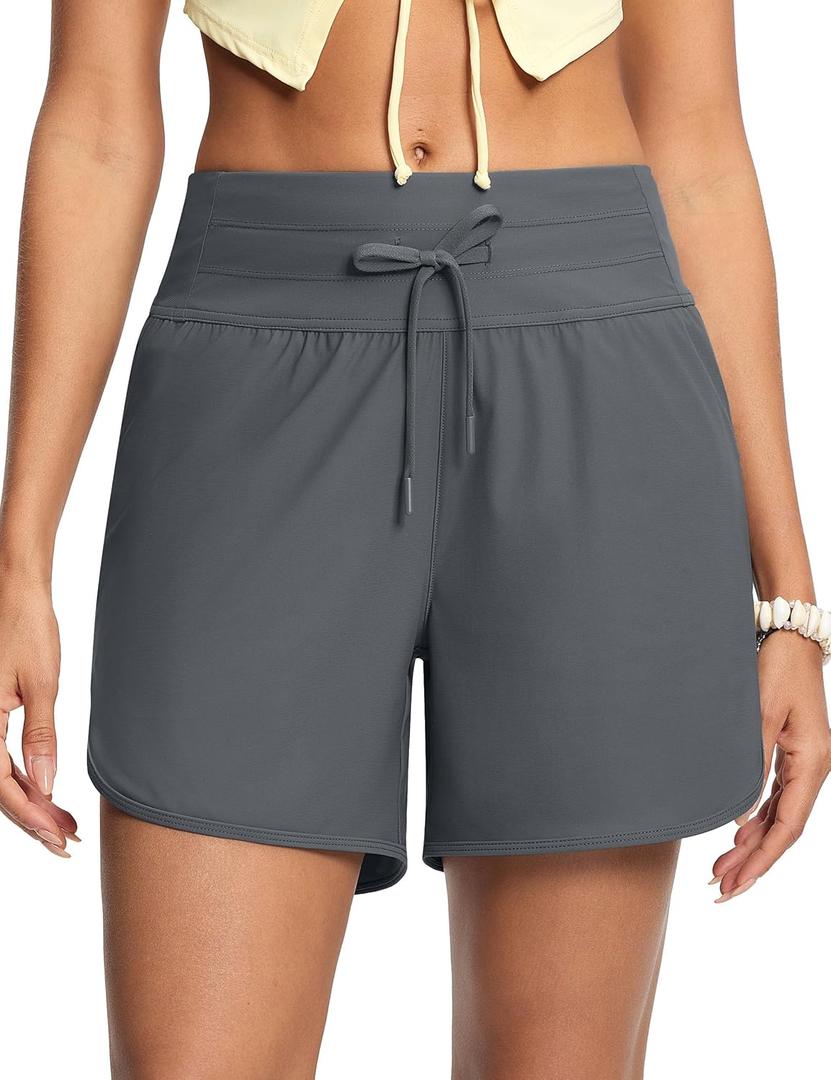 Women's 5" High Waisted Tummy Control Swim Board Shorts Quick Dry Swimming Shorts for Women with Liner Pockets (Large, Deep Grey)