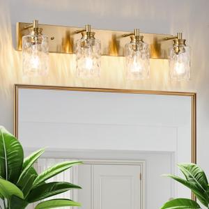 4 Light Bathroom Vanity Light Modern Brushed Gold Bathroom Light Fixtures Over Mirror with Hammered Glass Lampshade for Kitchen Hallway