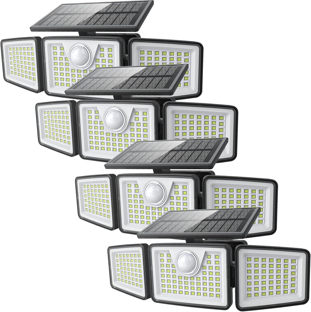 2500LM Solar Lights Outdoor with Motion Sensor,3 Head 270 Wide Angle Street Area Lights,IP65 Waterproof Security Lighting with 3 Modes (Remote,4 Pcs)