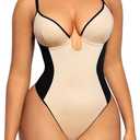 SHAPELLX Shapewear Bodysuit for Women Thong Backless Body Shaper Tummy Control U Plunge Strapless Top Corset Bodysuit (Small, A2-beige)