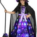 Witch Costume Set for Girls Led Light Up Halloween Costume Dress Up with Hat Cape (5-7 Years, XL)