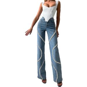 Unybwonn Women High Waist Jeans Rhinestone Trim Bling Baggy Denim Pants Y2k Straight Wide Leg Trousers Streetwear (XX-Large, Blue)