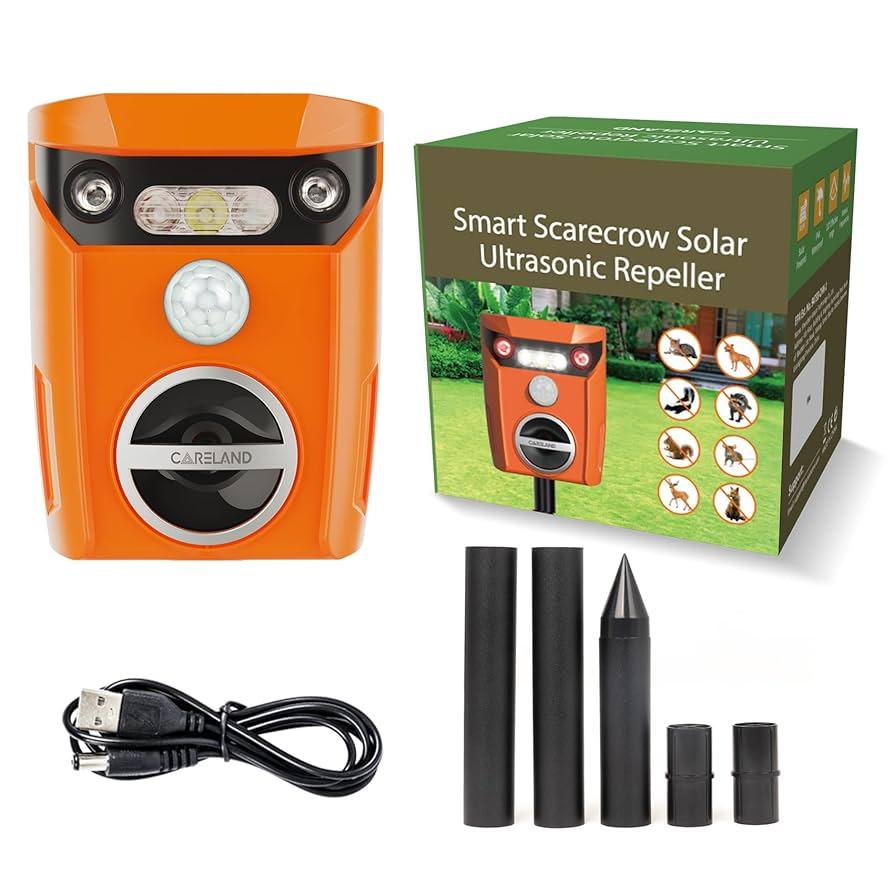 Ultrasonic Animal Repeller, Outdoor Waterproof Solar Animal Deterrent Repellent with Motion Sensor & LED Flashing Lights, Drive Away Cats, Squirrels, Rats, Skunks, Raccoons and Deer orange