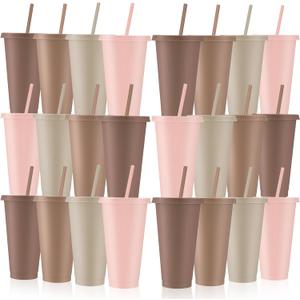 Skylety 24 Pcs Boho Plastic Cups with Lids and Straws 24 oz Reusable Tumbler Large Travel Mug Cup Coffee Beverage Drinks Party Supplies for Wedding Bridal Baby Shower Birthday