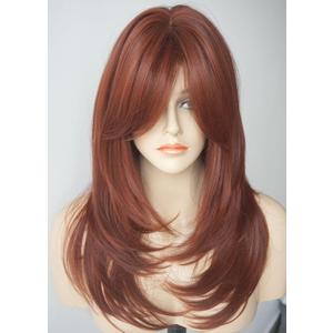Long Layered Copper Brown wig Synthetic wig layered Auburn Wigs with side bangs for White Women (3315)