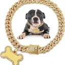 Hillban Golden Dog Chain Diamond Collar Necklace with Pet ID Jewelry Tags Rhinestones Stainless Steel Metal Link Collar Walking Chain for Christmas Puppy Boys Girls Gift Small Dogs (8 Inch)