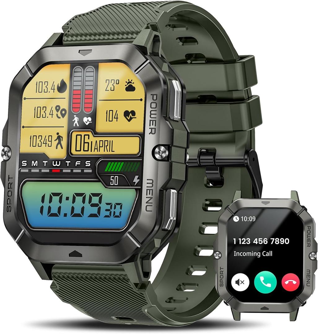Military Smart Watches for Men (Answer/Make Calls), Waterproof Rugged Fitness Tracker with Blood Pressure/Heart Rate/SpO2/Sleep, Bluetooth Tactical Smart Watch for Android and iPhone, Military Green