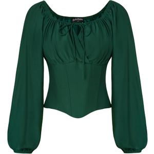 SCARLET DARKNESS Corset Tops for Women Elastic Neckline Renaissance Shirt Peasant Blouse (Large, Green)