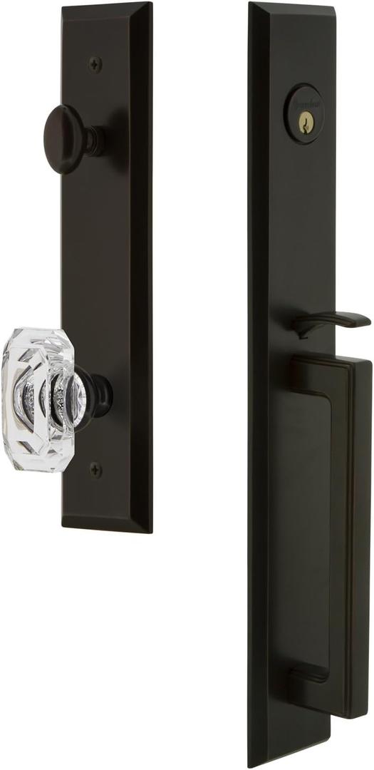 Grandeur 849287 Hardware Fifth Avenue One-Piece Handleset with D Grip and Baguette Clear Crystal Knob, Dummy Entry Set, Timeless Bronze