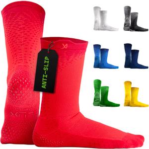 LUX Sports Thin Grip Socks for Cleat Sports - Moisture-Wicking Anti Slip Socks for Men & Women - Soccer, Football, Baseball (One Size, Red)