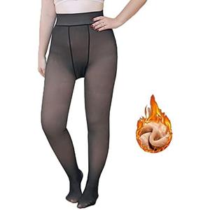 Women Winter Warm Fleece Lined Tights Fake Translucent Nude Pantyhose Tummy Control Thicken Fleece Thermal Opaque Leggings , Black, 300g  