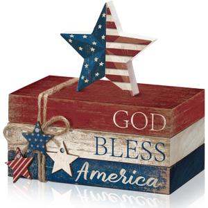 4 Pcs 4th of July Decorations Patriotic Tiered Tray Decorations Signs Rustic Memorial Day Decor Book Block Sign for 250th Anniversary Farmhouse Table Home Tabletop Shelf(Star)