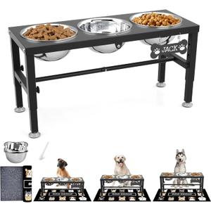 SHAINFUN Metal Elevated Dog Bowls Stand for Large Dogs with Mat & Three 58oz Food Water Bowls, Adjustable Height Raised Dog Bowl Stand