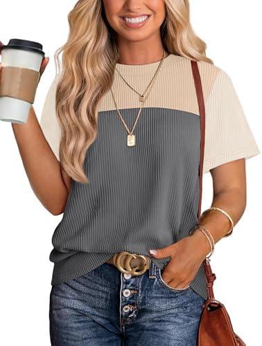 WIHOLL Womens Fashion 2025 Color Block Shirts Short Sleeve Crewneck Knitted Spring Summer Tops Casual Trendy, Size XL