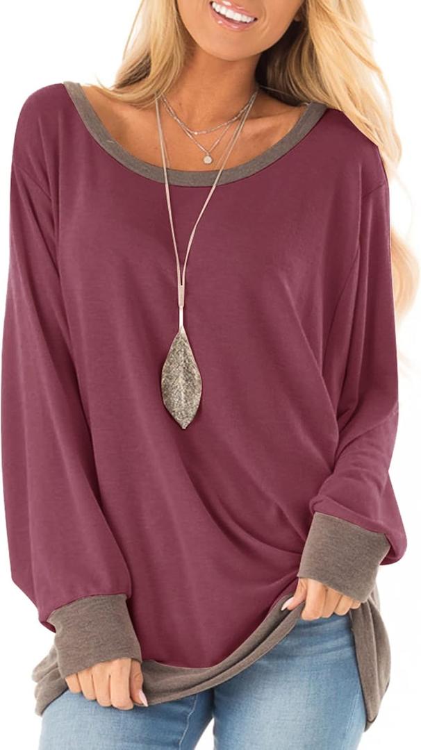 Fallorchid Womens Long Sleeve Tops Crew Neck Tunics Clothes Casual Color Block Sweatshirt (L)