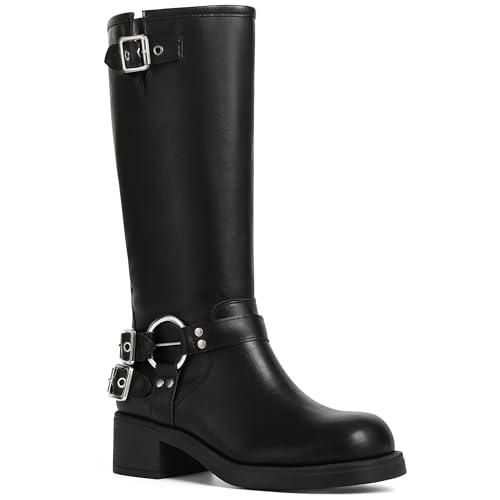 AMINUGAL Black Knee High Boots Women Square Toe Pull On Wide Calf Riding Fashion Buckles Chunky Metallic Casual Vintage Buckle Rivet Size 8.5
