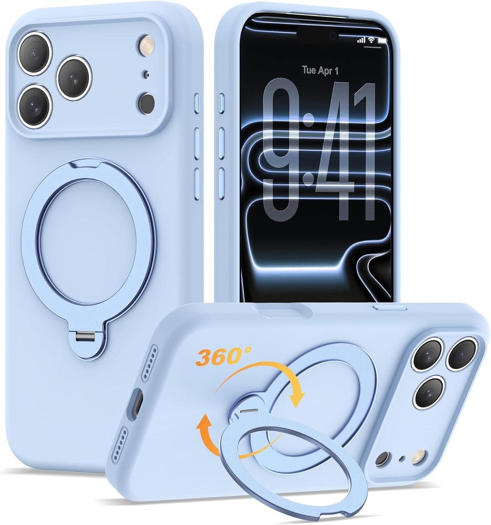Compatible with iPhone 17 Pro Max Case 6.9'' with 360 Spin Magnetic Ring Stand[Compatible with Mag-Safe] Soft Liquid Silicone 17 Pro Max Case for Men Women,Blue