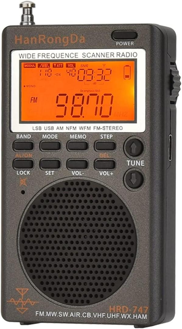 HRD-747 SSB Shortwave Radio FM MW SW CB AIR VHF UHF UBD WX Wide Frequence Receiver with NOAA Alert and Sleep Timer, HanRongDa FM Stereo Rechargeable Digital Radios with Clock and 9.7ft Wire Antenna