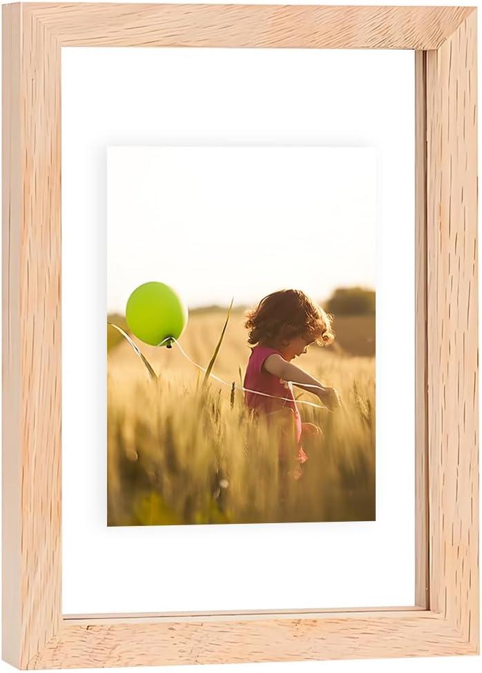 5x7 Floating Picture Frames Double Sided Tempered Glass Oak Wood Picture Frame Floating Display for Photos 4x6,or Full Display for 5"x7" Photos for Christmas,Halloween,Baby Scan,Anniversary,Wedding(Beige)