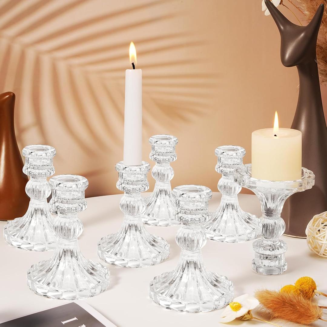 Maxcheck Set of 6 Candlestick Holders Taper Glass Candle Holder Decorative Candle Stand for Wedding Party Table Centerpiece Anniversary Festival Home Decor(Clear)