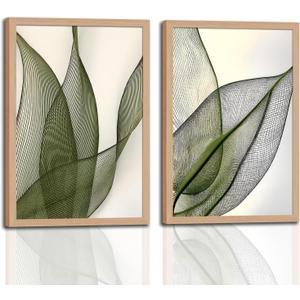 Green Leaf Wall Art Set of 2 with Wooden Frame – Minimalist Botanical Plant Prints, Modern Boho Tropical Leaves Painting, Framed Picture Wall Decor 16x24 Inch