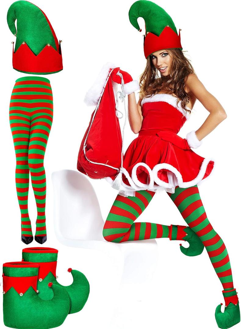 SATINIOR 4 Pcs Christmas Elf Costume for Women - Elf Hat, Shoes, Striped Tights, Stocking, Cosplay Accessory - Multicoloured