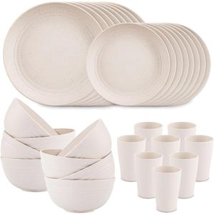 Supernal Wheat Straw Dinnerware Sets,Dish Sets for 8,Plates and Bowls Set Dishwasher Safe,Unbreakable Dinnerware,Reusable Plastic Plates,Beige Color 16pcs Plates, 8pcs Bowls, 8pcs Cups. (32pcs)