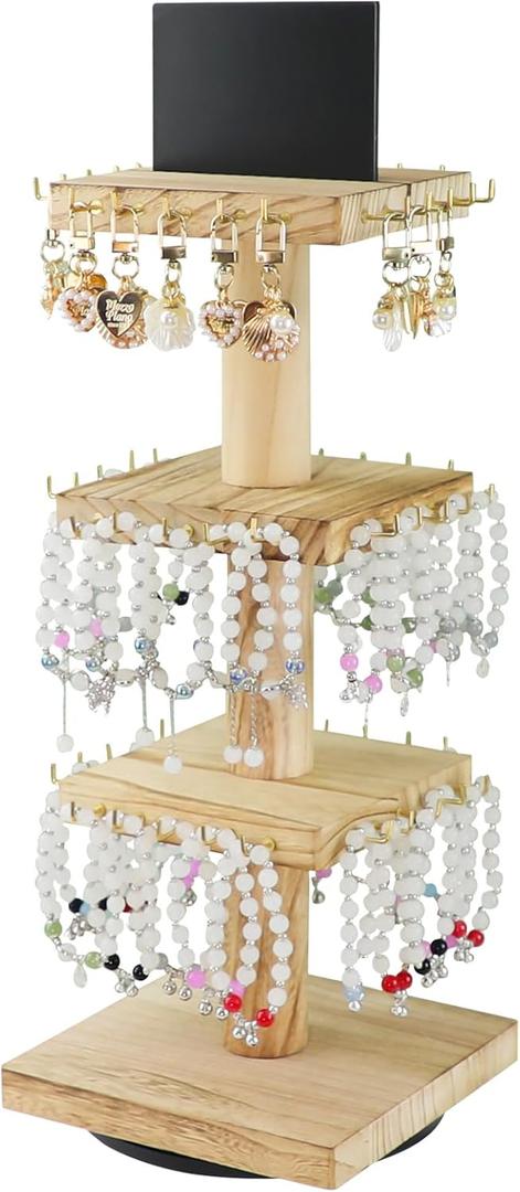 Bracelet Holder Display, 3 Tier Wooden Rotating Display Stand for vendors, 60 Hooks for Bracelet, KeyChain, Necklace, Jewelry