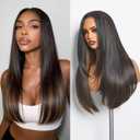 GORGIUS Brown Highlighted Straight Lace Front Wigs Pre Cut Wear and Go Glueless Glueless Layered Wig Middle Part Fiber Blend Human Hair Frontal Wig with Natural Hairline 24 Inch