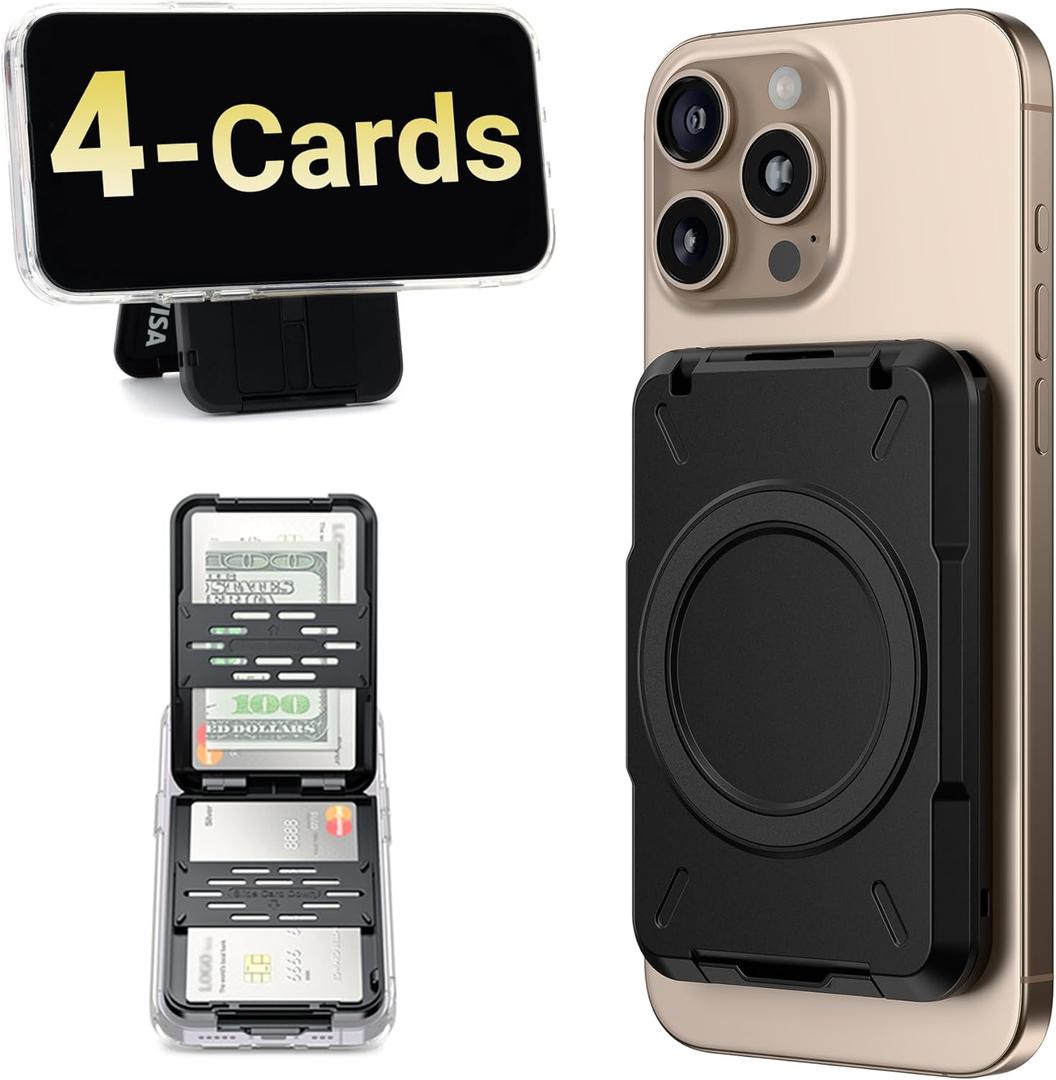 PROfezzion Double Sided Magnetic Phone Wallet, RFID Blocking Snap-on Hard Shell Card Holder 4-Cards Designed for MagSafe Compatible with iPhone 17 16 15 14 13 12 Pro Max & MagSafe Case (0.5" Thick) (Black)