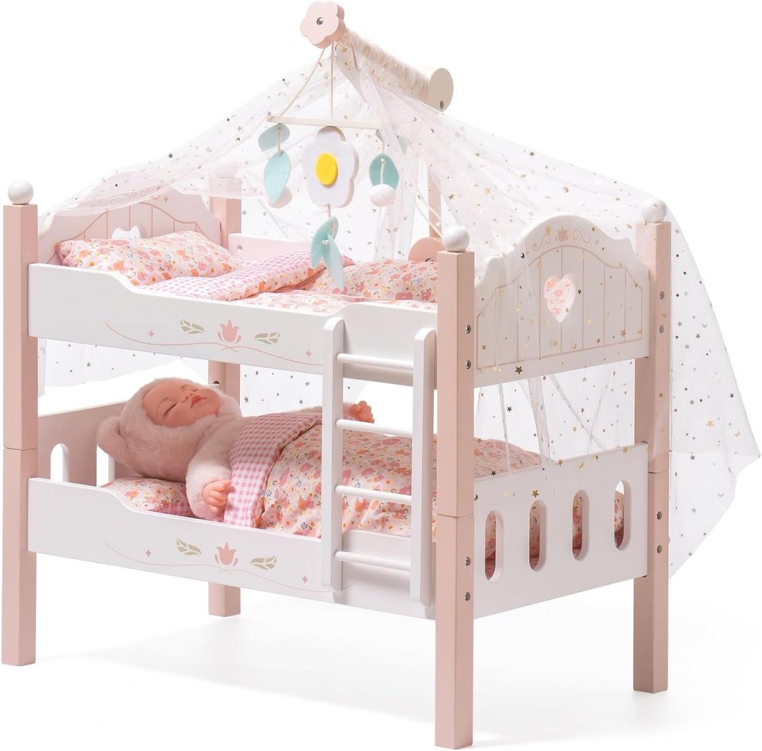 ROBUD Baby Doll Crib, Wooden Baby Doll Beds for 20 Inch Dolls, Baby Doll Bunk Beds with Tulle, American Girl Doll Bed for Gifts, Pink, Small