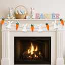Easter Bunnies and Carrots Garland, 3D Felt Bunny Carrot Wooden Beads Banner Rustic Easter Hanging Wall Decorations for Home Farmhouse Indoor Spring Decor