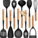 Large Silicone Cooking Utensils Set, 10Pcs Nonstick Kitchen Utensil Set with Wooden Handle, Heat Resistant Silicone Utensils for Cooking, BPA Free Spatula Set with Turners Spoon Ladle Skimmer(Black)