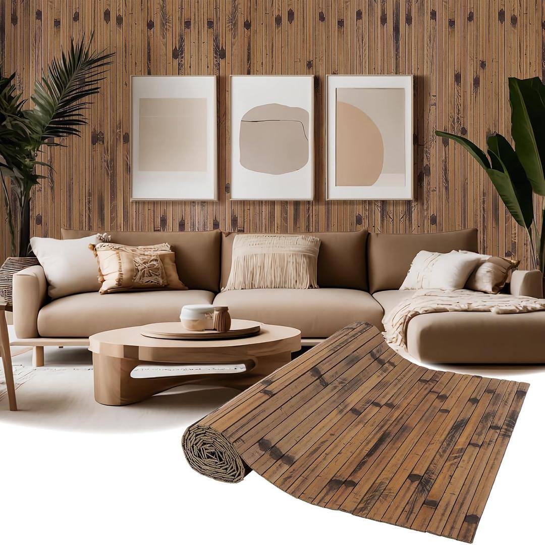 Natural Bamboo Wall Panel for Interior Wall Decor, Pole Wrap Wainscoting Interior Wall Cladding Panel for Kitchen Island, Bedroom, Living Room Office,Decor (48" H x 96" L, Brown Burned)